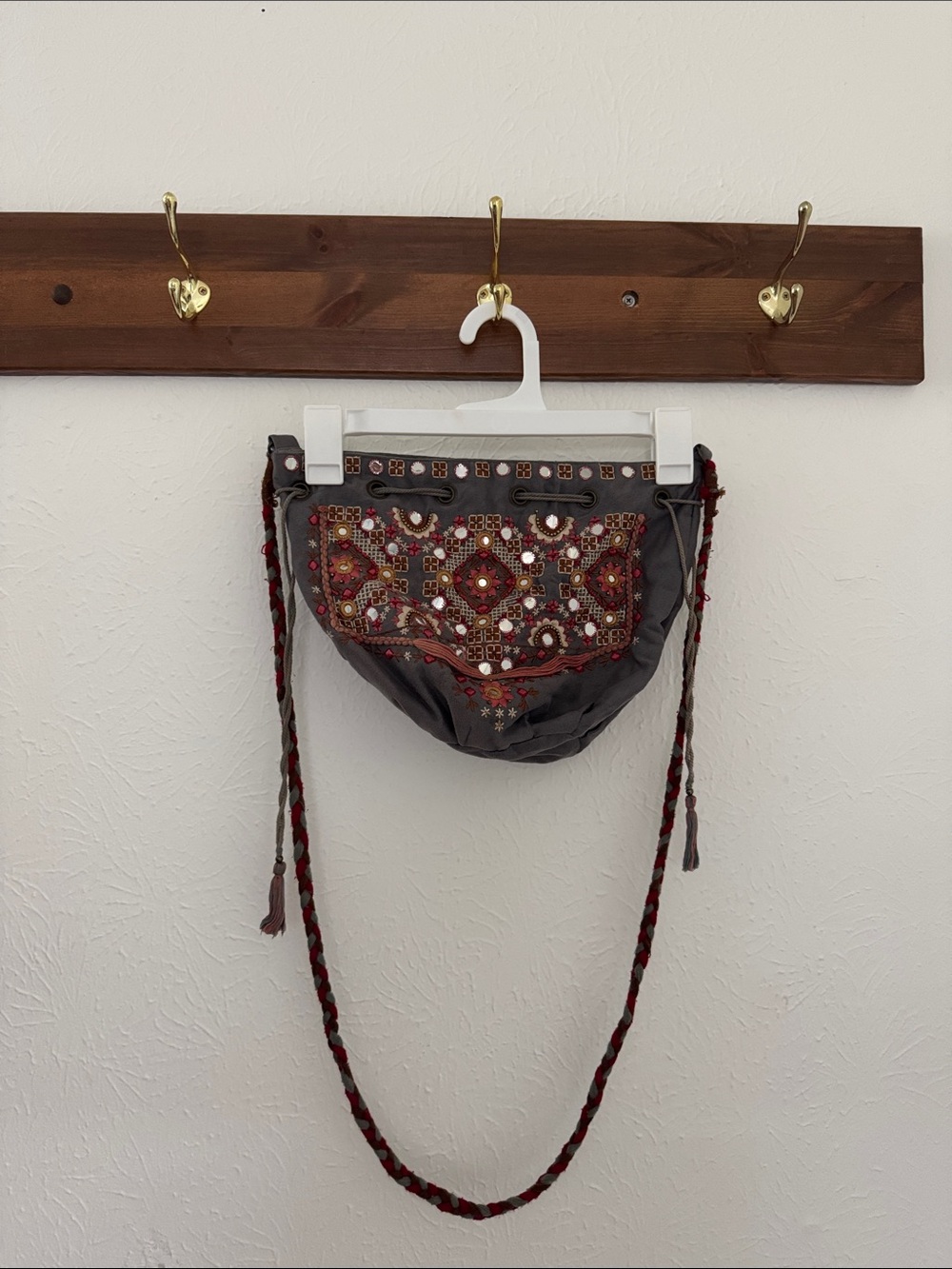 Cost Plus World Market Gray Crossbody Bag with Red Embroidery